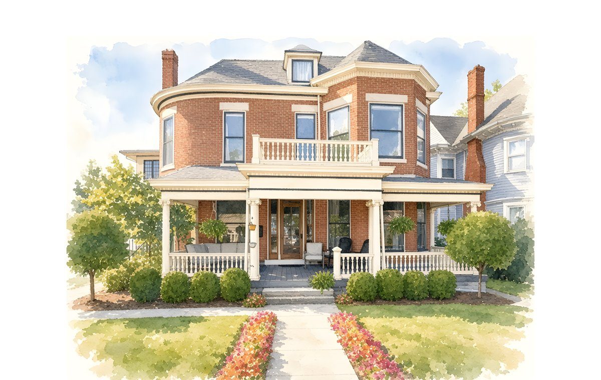 Watercolor illustration of a brick Victorian home